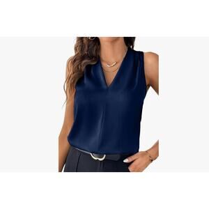 Roswear Womens Business Casual C Neck Cuffed Sleveless Work Blouse M